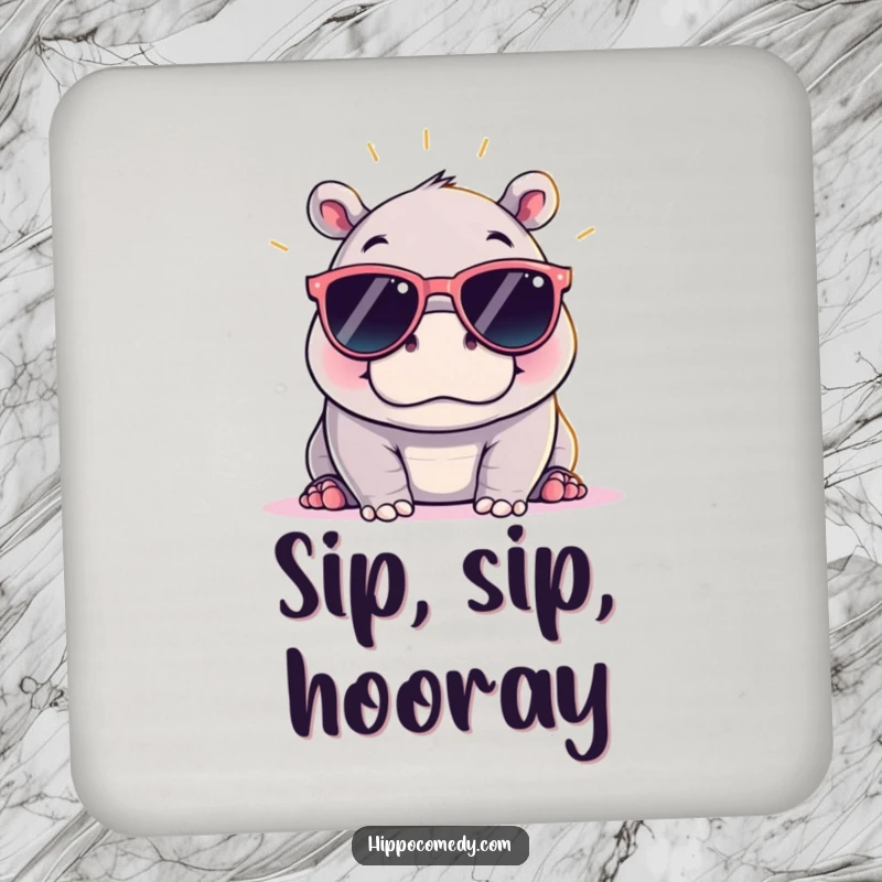 Funny kawaii hippopotamus wearing oversized sunglasses, on a drink coaster, adding a cool and humorous touch to tabletops.