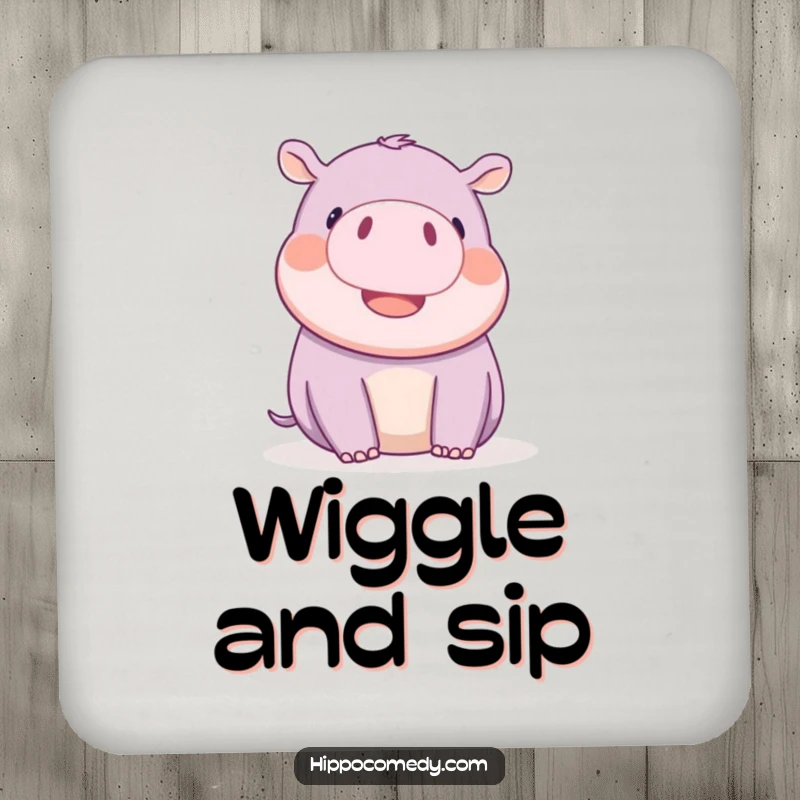 Funny kawaii hippopotamus playfully wiggling its tiny ears with delight, on a decorative drink coaster.