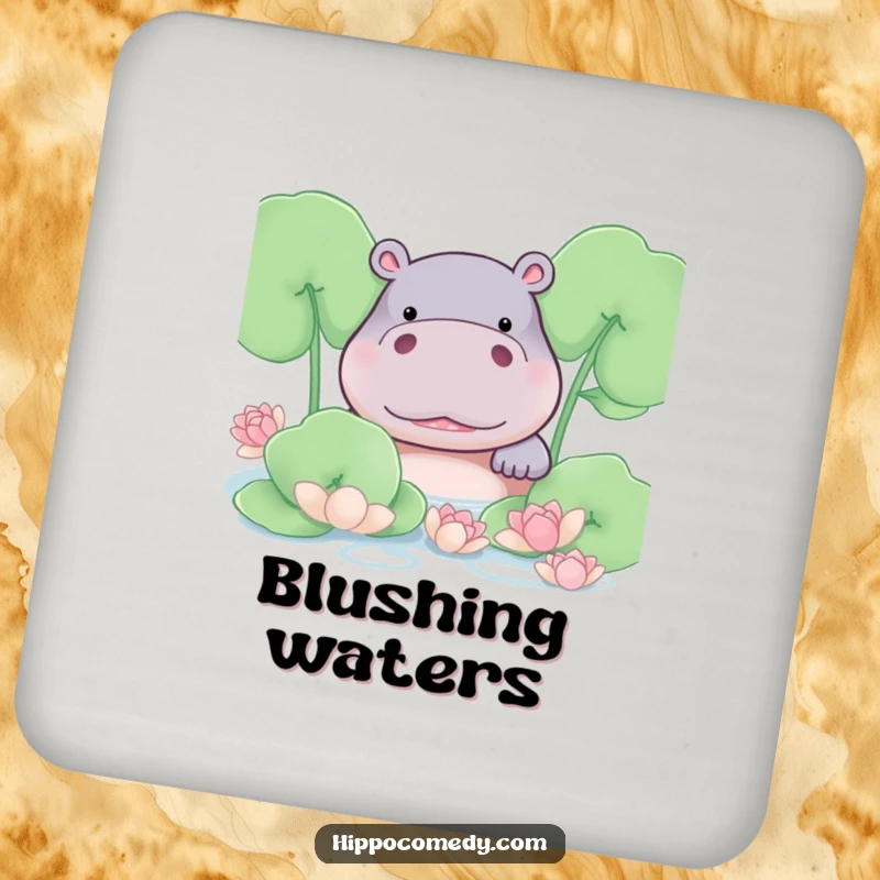 Funny hippo blushing shyly from behind lily pads on a drink coaster, providing humorous protection.