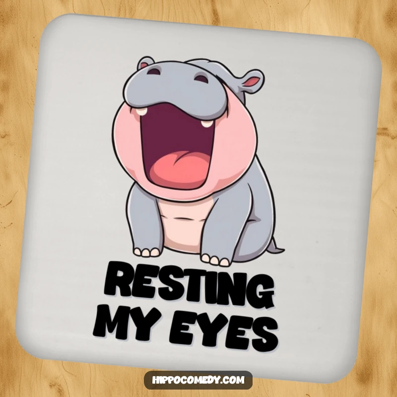 Funny drink coaster with a sleepy hippopotamus yawning, adding humor and protection to surfaces.