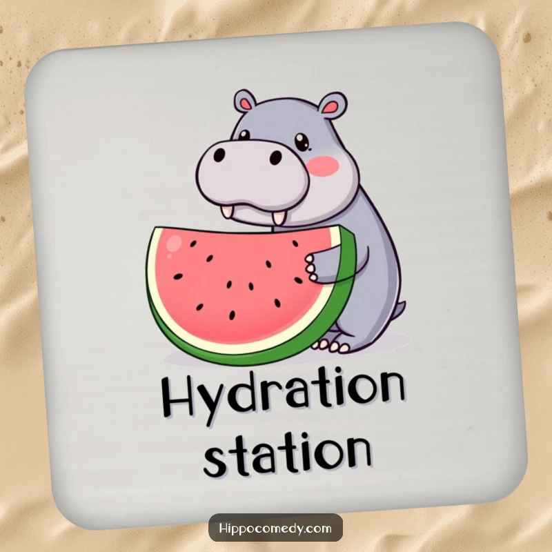 Funny drink coaster with a kawaii hippopotamus offering a huge watermelon slice, providing cute and humorous protection for tables.