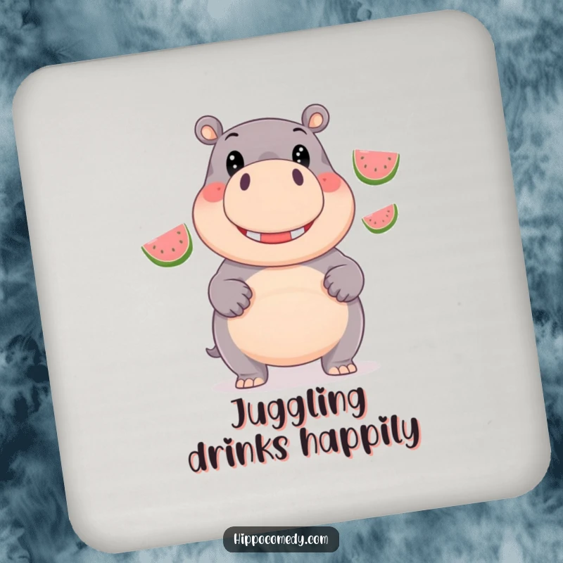 Funny Drink Coaster: A giggling hippopotamus juggles three shiny watermelons, adding humor.