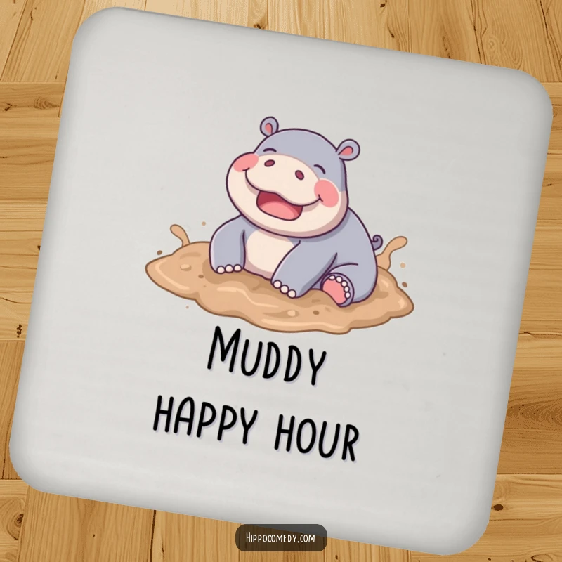 Funny Hippo Mud Drink Coaster, a joyful hippo playfully rolling in soft brown mud, protecting surfaces.