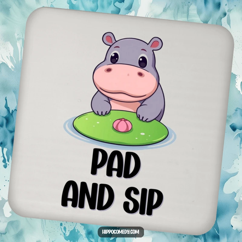 Funny drink coaster featuring a hippopotamus with wide eyes looking at a floating lily pad, adding a moment of calm observation.
