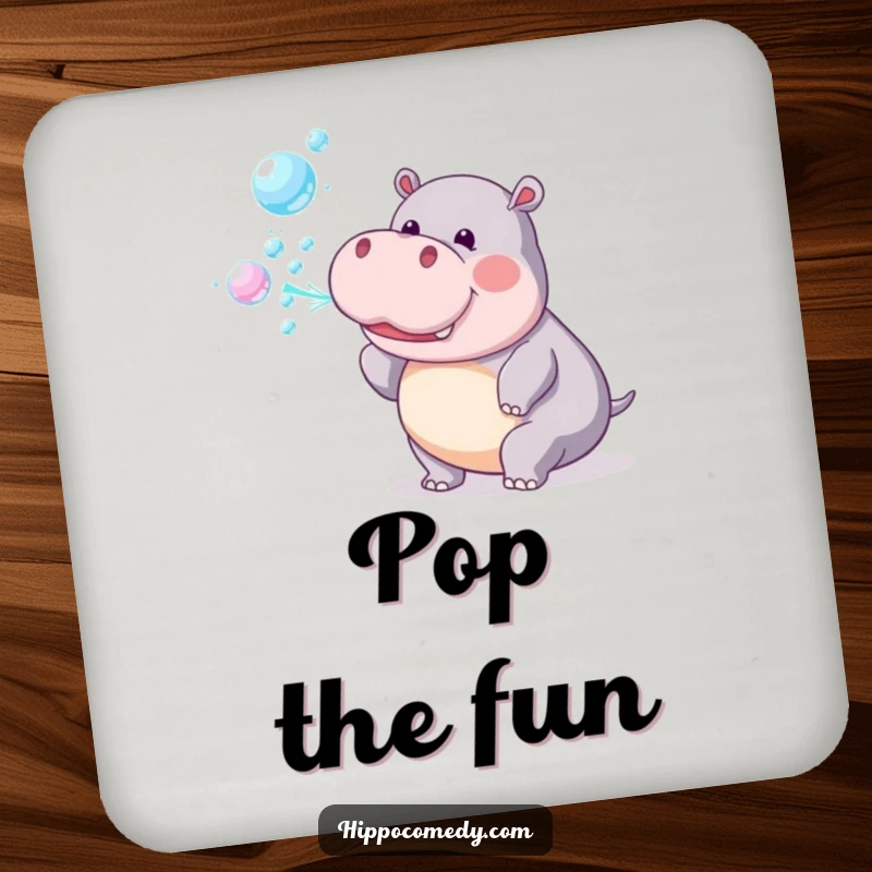 Funny Drink Coaster: A playful hippopotamus blows a stream of rainbow bubbles, adding whimsy.