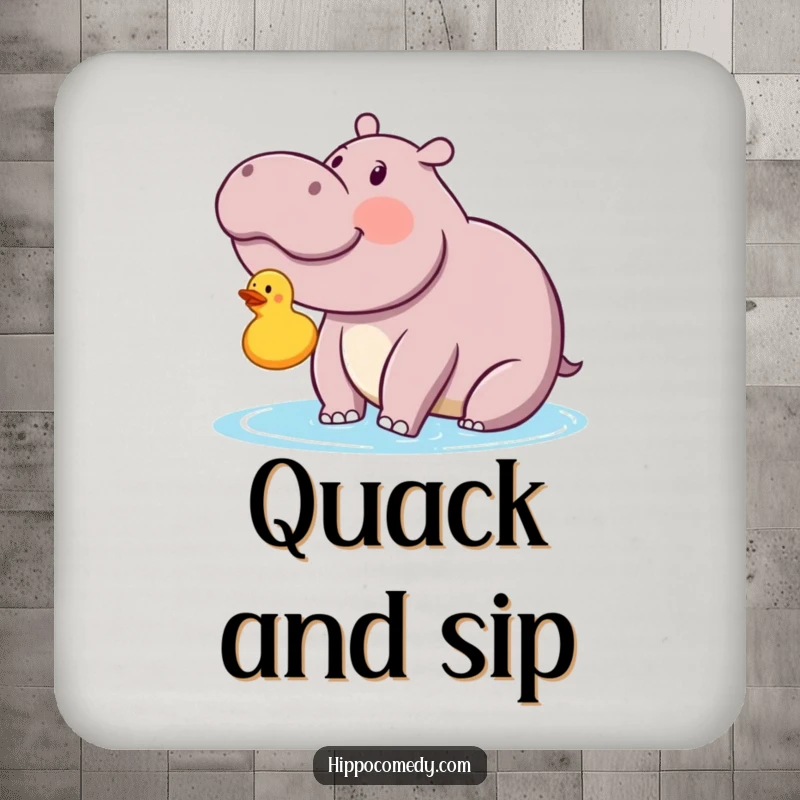 Funny kawaii hippopotamus looking with delight at a floating rubber ducky on a drink coaster, adding comical, joyful flair.