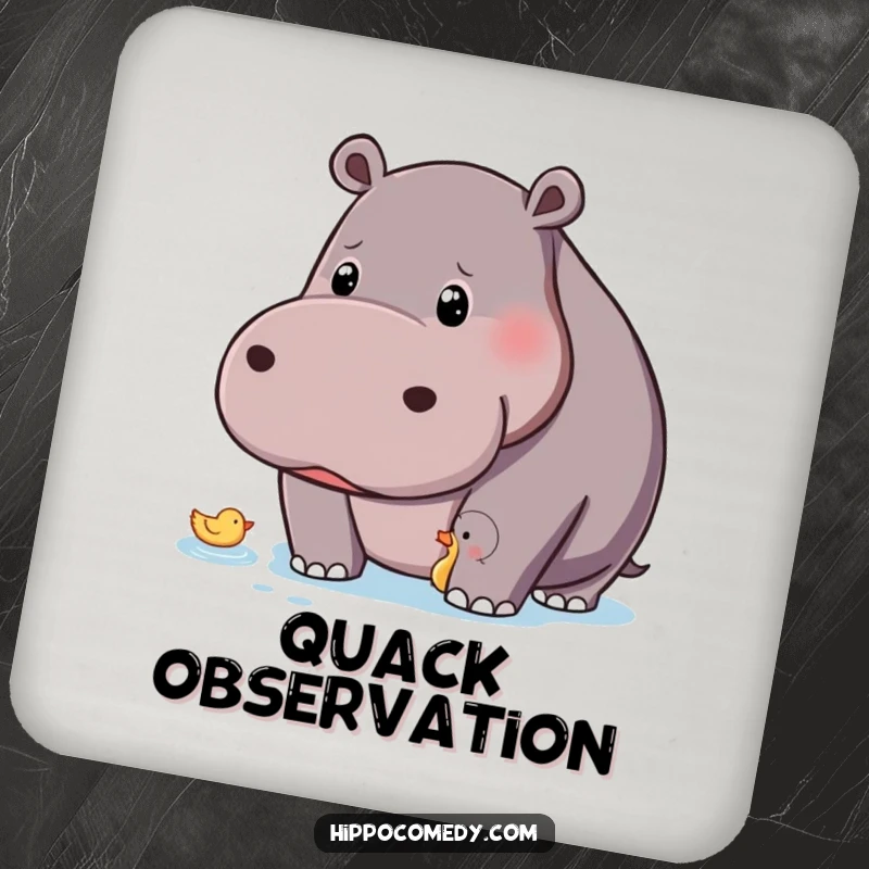 Funny hippo with a curious gaze observing a tiny duck on a drink coaster, providing humorous protection.