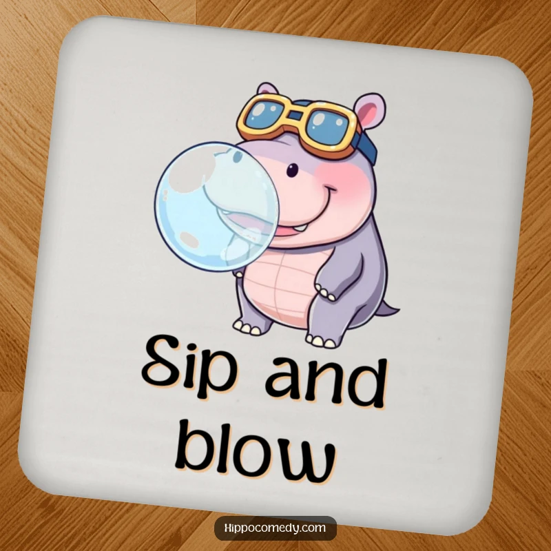 Funny drink coaster showing a kawaii hippopotamus in oversized goggles, blowing a large bubble, perfect for tables.