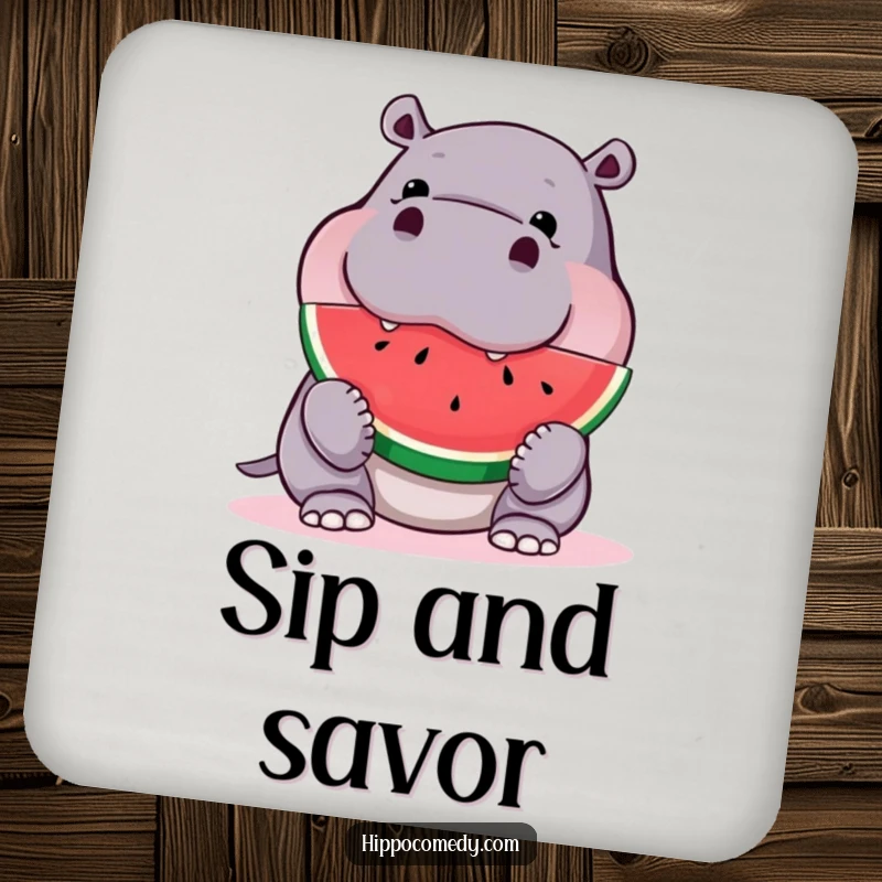 Funny hippo coaster, depicting a hippo with a giant watermelon slice, perfect for protecting furniture with humor.