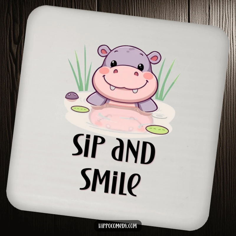 Funny kawaii hippo coaster featuring a cute hippo peeking from a pond with a wide smile, adding happy humor to tabletops.