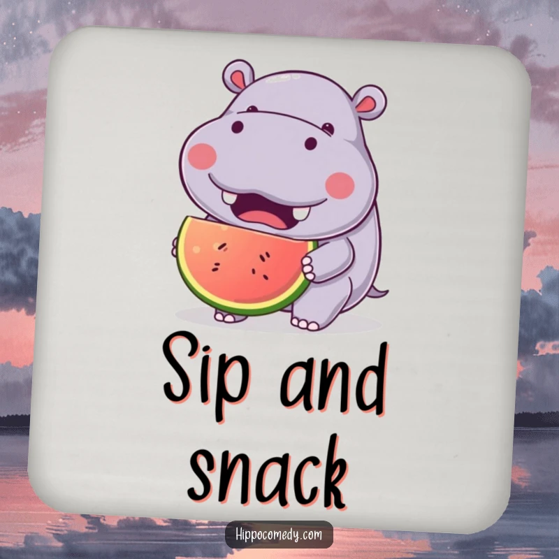 Funny Hippo Fruit Coasters featuring a kawaii hippopotamus with a joyful expression, eating a large fruit, protecting surfaces with humor.