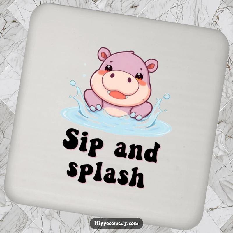 Funny Hippo Pool Drink Coaster showcasing a cute hippopotamus character splashing joyfully in a pool. Protects surfaces with humorous animal-themed charm, a fun addition to any home.