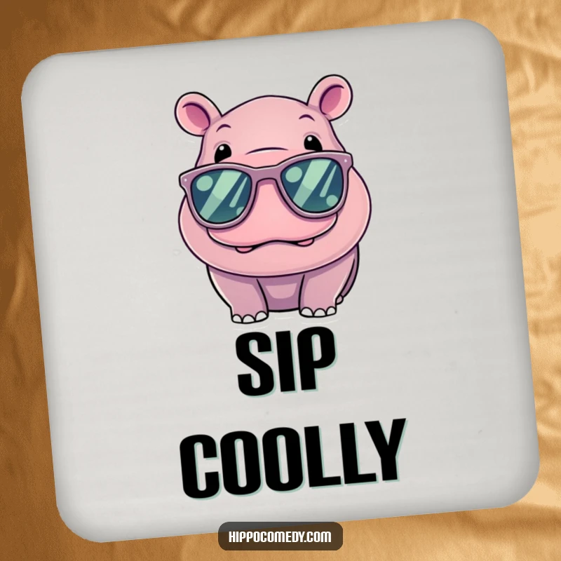 Funny Cool Hippo Drink Coaster, a kawaii hippo in oversized sunglasses, adding cool protection to your tables.