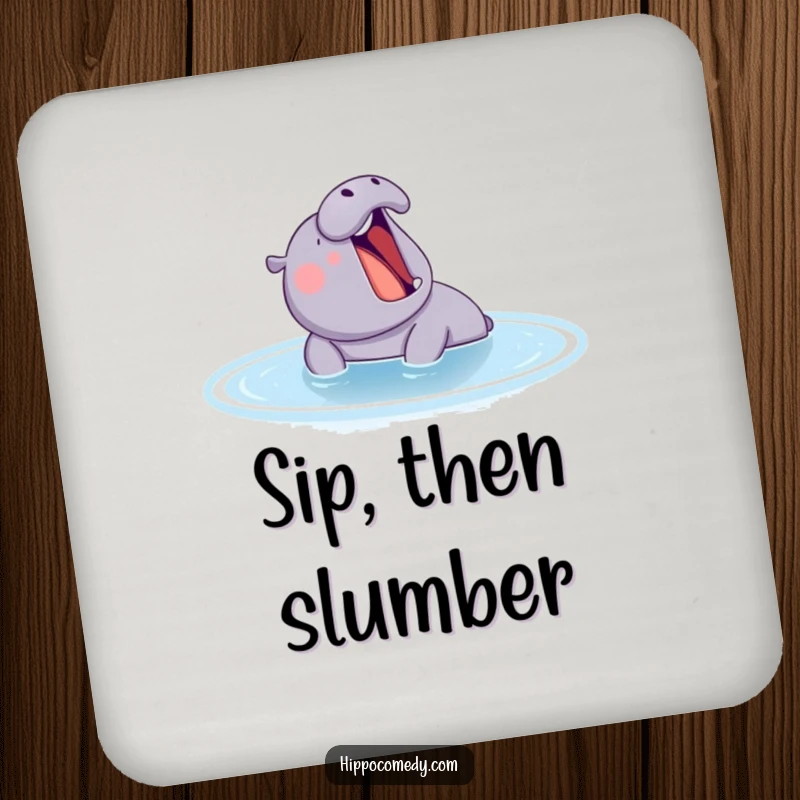 Funny hippo yawning in a calm pond, printed on a coaster, protecting surfaces with a hint of humor.