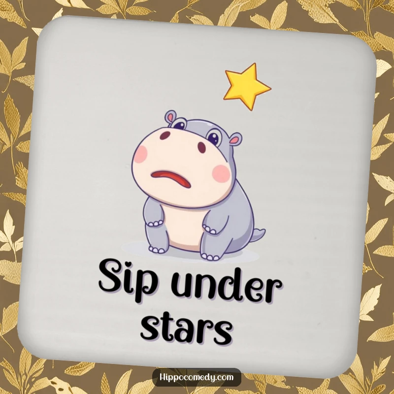 Funny drink coaster featuring a surprised hippo watching a sparkling star, adding humorous and magical accents to tabletops.