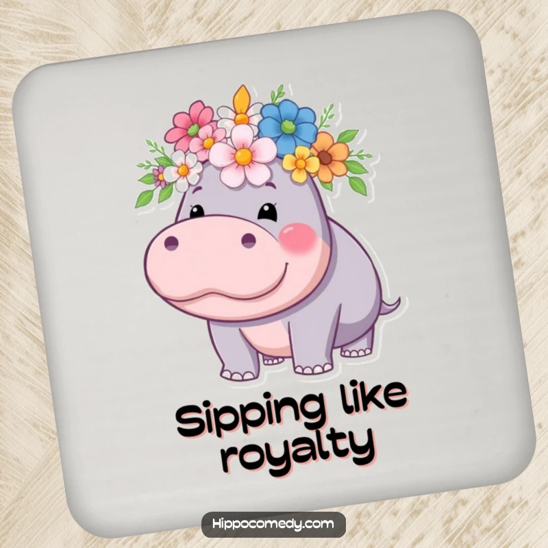 Funny hippo coaster, showing a regal hippo wearing a flower crown, perfect for protecting surfaces with humor.