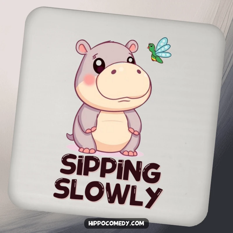 Funny drink coaster featuring a cute hippopotamus with wide, observant eyes watching a small dragonfly, protecting surfaces with a smile.