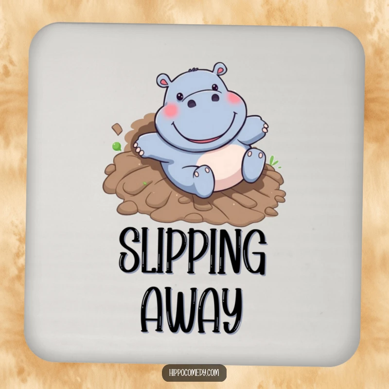 Funny Hippo Coaster: A happy cartoon hippo with a big grin slides down a muddy hill, bringing playful charm.