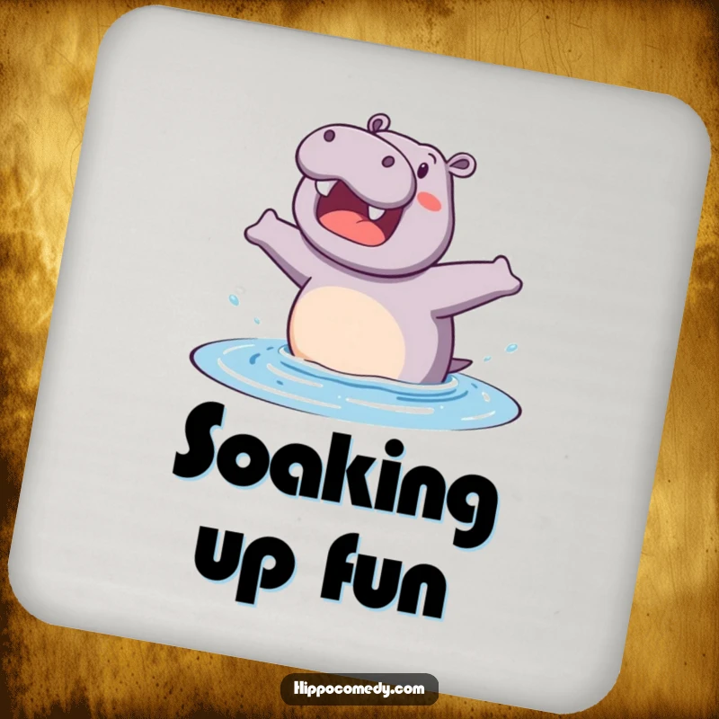 Funny drink coaster with an excited hippopotamus ready to jump into water, offering humorous protection for surfaces.