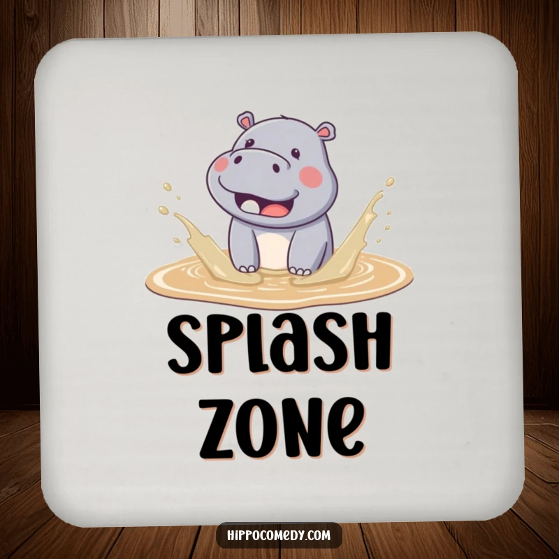 Funny kawaii hippo coaster featuring a cute hippo splashing in mud, adding adorable humor to tabletops.