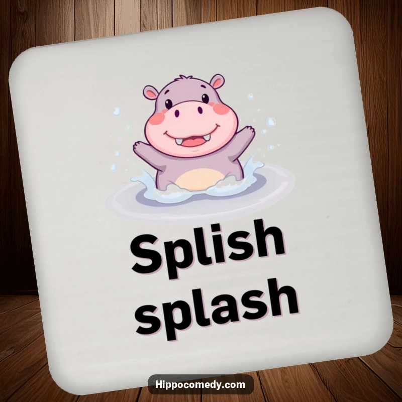 Funny Coaster: A cute hippopotamus joyfully splashing in a bubbly puddle, protecting surfaces with a splash of humor.