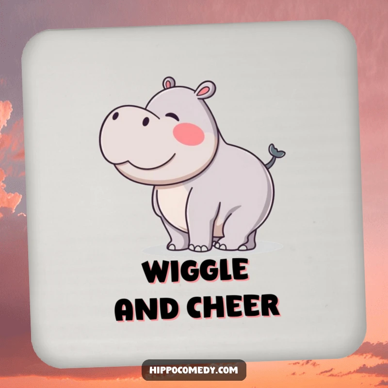 Funny drink coaster featuring a hippopotamus doing a silly wiggle with its stubby tail, adding a touch of lightheartedness to any setting.