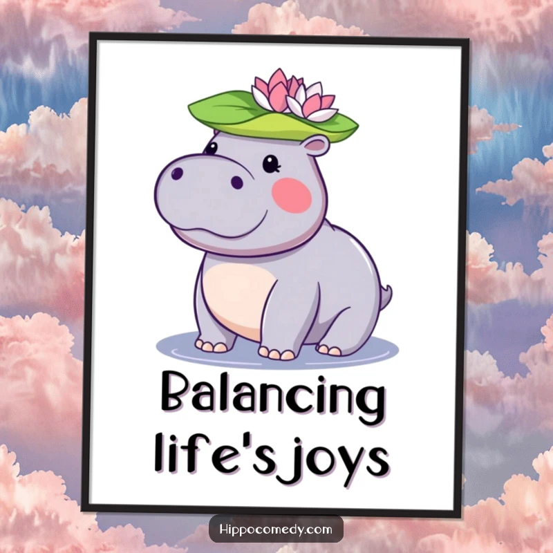 Funny kawaii hippopotamus poster featuring an adorable hippo balancing a lily pad on its head, perfect wall art.