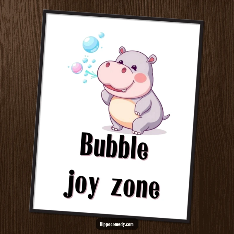 Funny Poster: A playful hippopotamus is depicted blowing a magical stream of shimmering rainbow bubbles.