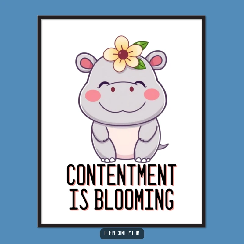 Funny Kawaii Hippo Poster: Adorable Contented Flower Hippo Wall Art, Great Gift