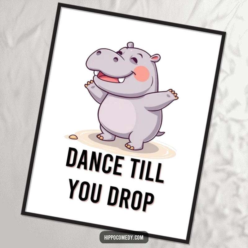 Funny giggling hippo poster, captured mid-dance on a shore, conveying absolute glee and a love for movement.