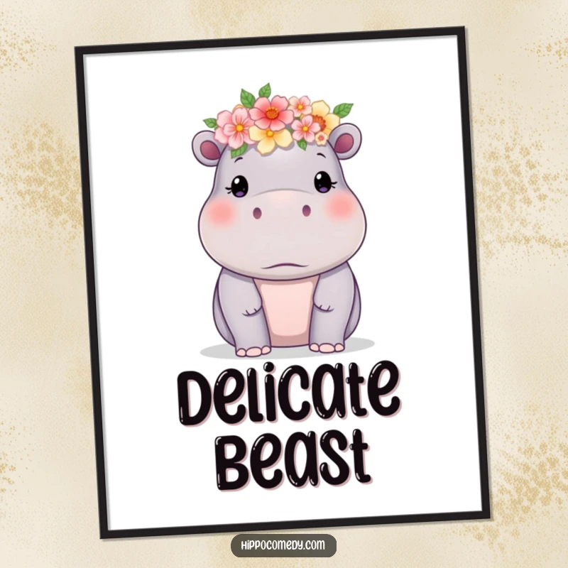 Funny hippo wearing a delicate flower crown, printed as wall art, adding a touch of gentle humor.