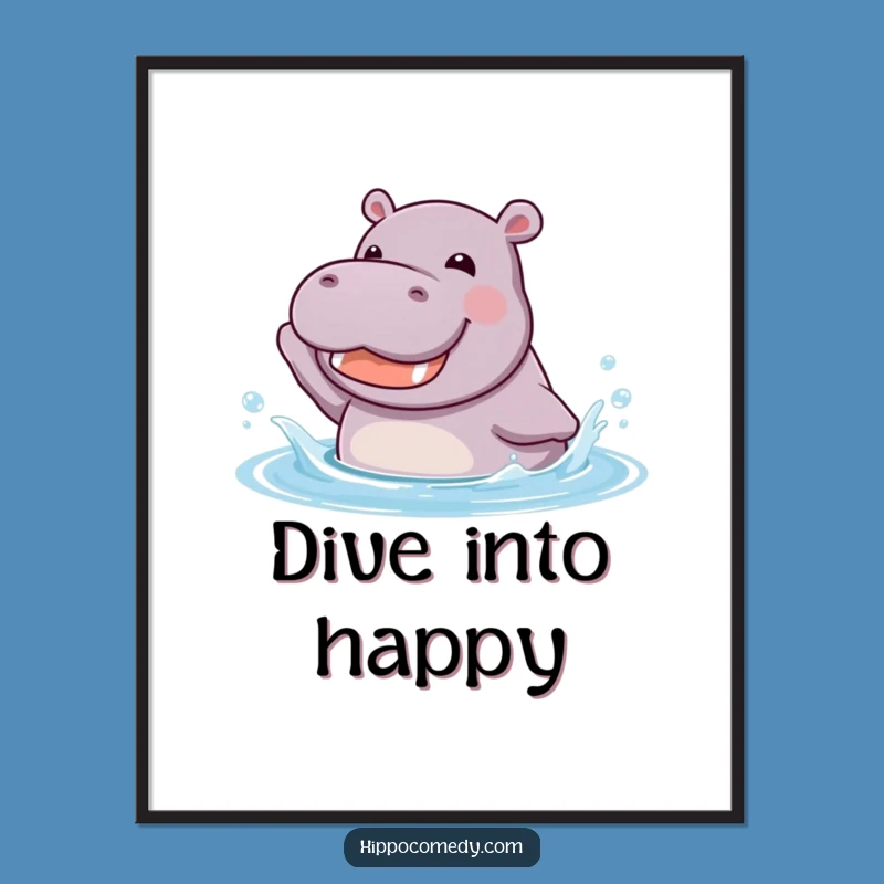 Funny Kawaii Hippo Splashing Poster - Joyful Animal Water Art Print Gift