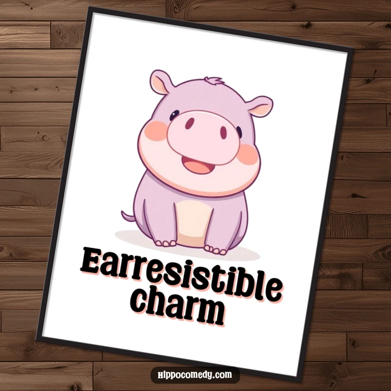 Funny kawaii hippopotamus playfully wiggling its tiny ears with delight, presented as a delightful art print.