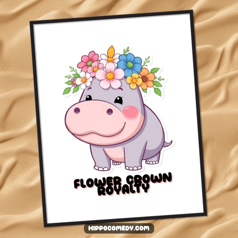 Funny hippo poster, proudly wearing a crown of blooming flowers, conveying grace and whimsical royalty.