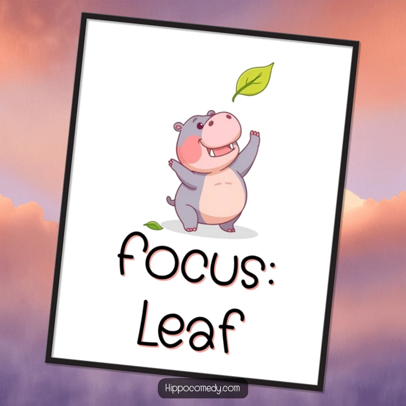 Funny poster artwork depicting a determined hippopotamus humorously attempting to catch a falling leaf.