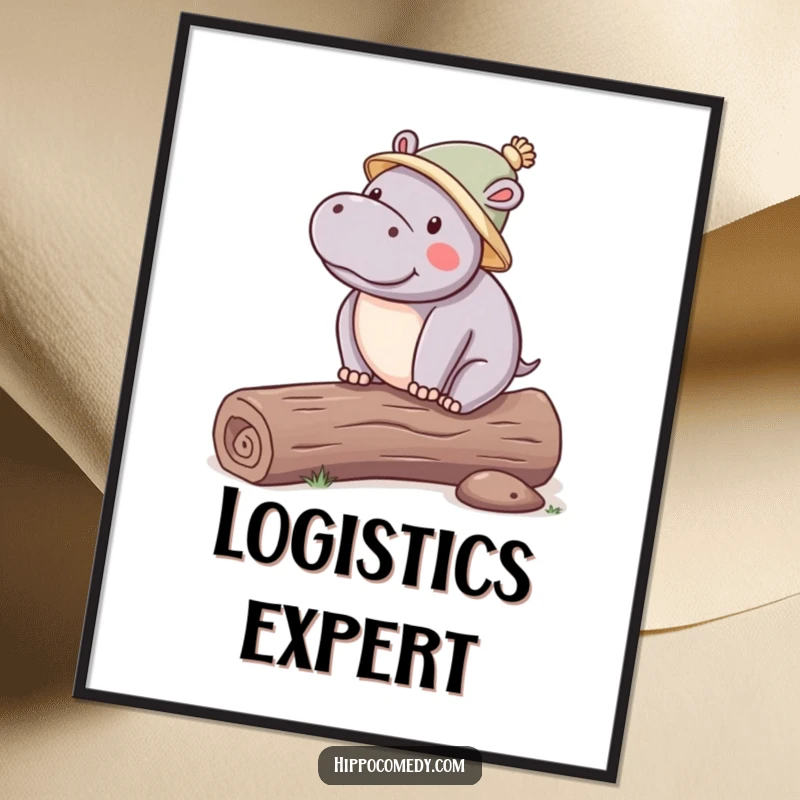Funny Balancing Hippo Poster depicting a kawaii hippopotamus wearing a hat, balancing on a log, a delightful piece of humorous wall art.