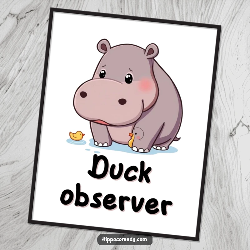 Funny hippo with a curious gaze observing a tiny floating duck, perfect humorous wall art.