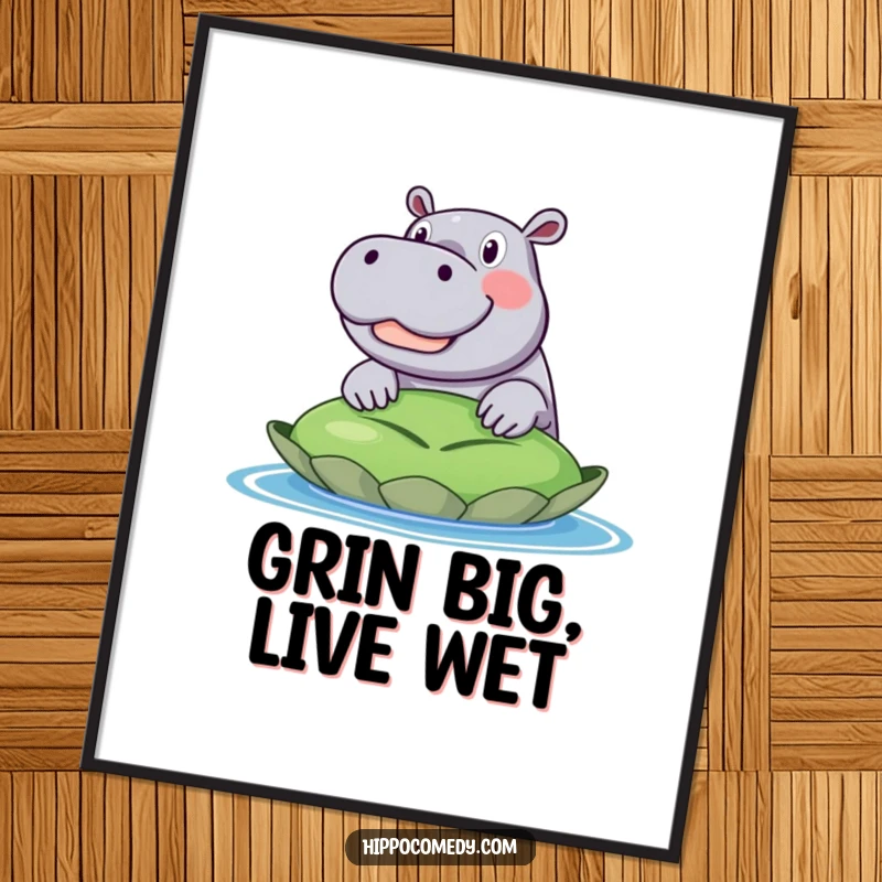Funny poster art of an excited hippo with a massive grin, looking over the edge of a huge, vibrant green lily pad. Cheerful and fun.