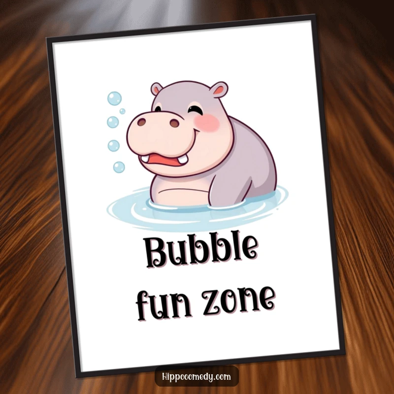 Funny Poster: A giggling hippopotamus blowing bubbles in the water, creating a scene of pure, effervescent joy.