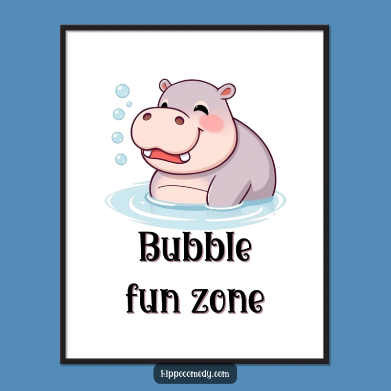 Funny Giggling Hippo Poster: Bubbles Blowing Hippopotamus Art, Whimsical Gift