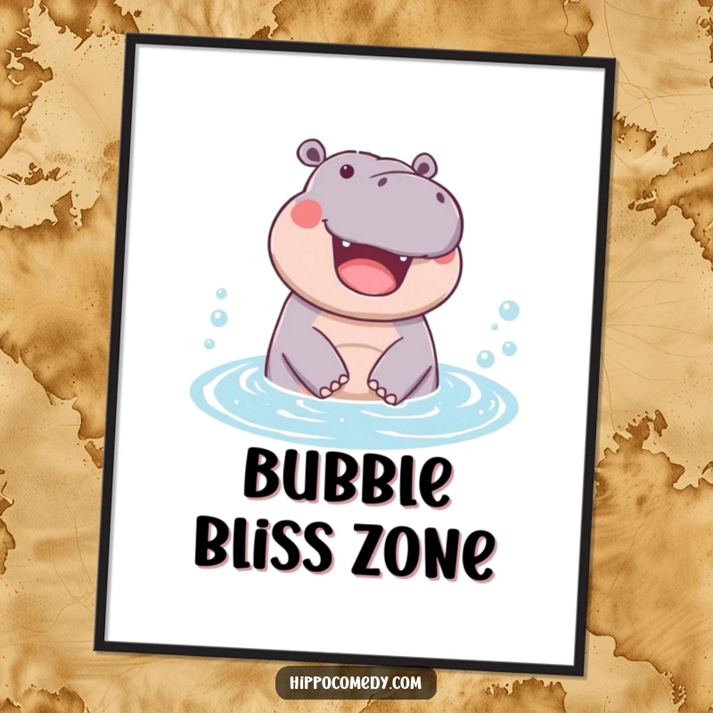 Funny poster of a hippopotamus joyfully emerging from a bubbly pool, bringing a sense of happiness and refreshment to any wall.