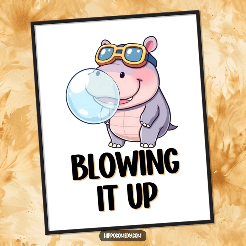 Funny poster depicting a kawaii hippopotamus wearing oversized goggles, blowing a large, shimmering bubble with a happy expression.