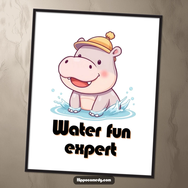 Funny poster art of a smiling hippopotamus cub wearing a tiny hat, joyfully performing a silly splish-splash.