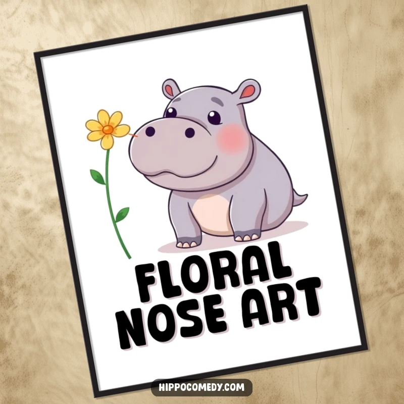 Funny Poster: A playful hippopotamus attempting to balance a flower on its nose, creating a whimsical and charming scene.