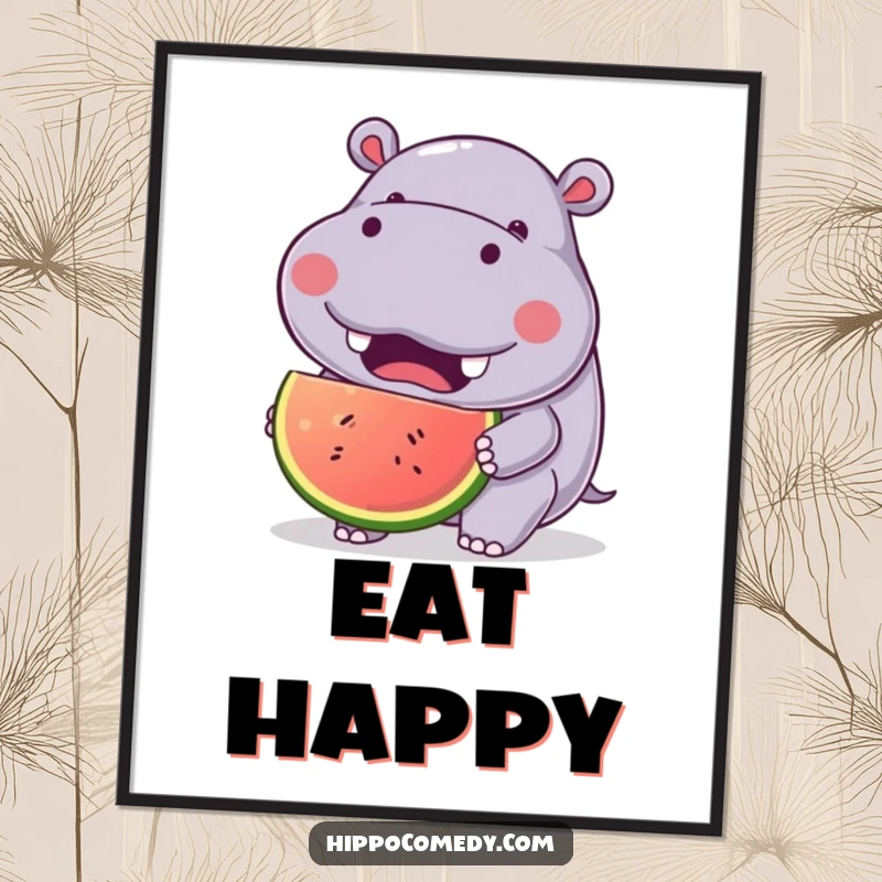 Funny Hippo Fruit Poster depicting a kawaii hippopotamus with a joyful expression, happily eating a large fruit, perfect for wall decoration.