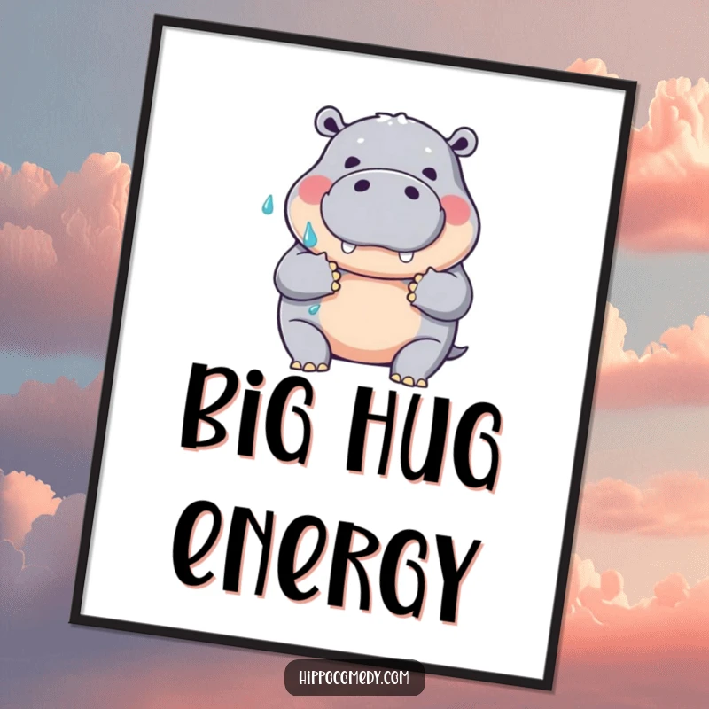 Funny poster print of a friendly hippopotamus giving a large, wet hug gesture, bringing warm and humorous vibes to any wall.