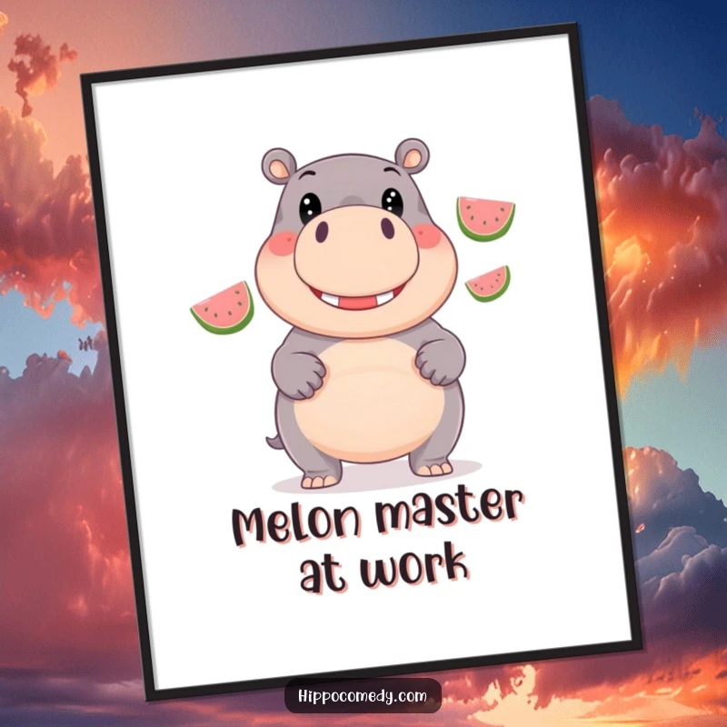 Funny Poster: A giggling hippopotamus with wide, happy eyes juggles three shiny, vibrant watermelons.