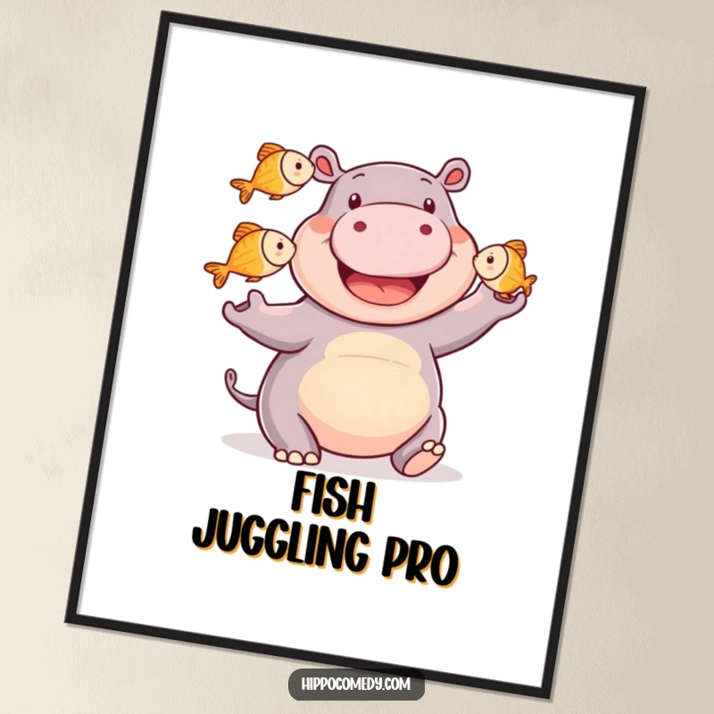 Funny happy hippo poster art of a smiling hippopotamus juggling three small fish, showcasing incredible balance and humorous aquatic talent.