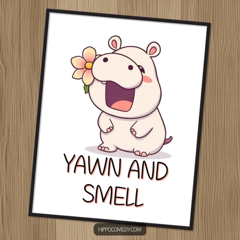 Funny kawaii hippo poster art of a cute hippopotamus with a flower behind its ear, yawning widely, conveying ultimate relaxation and charm.
