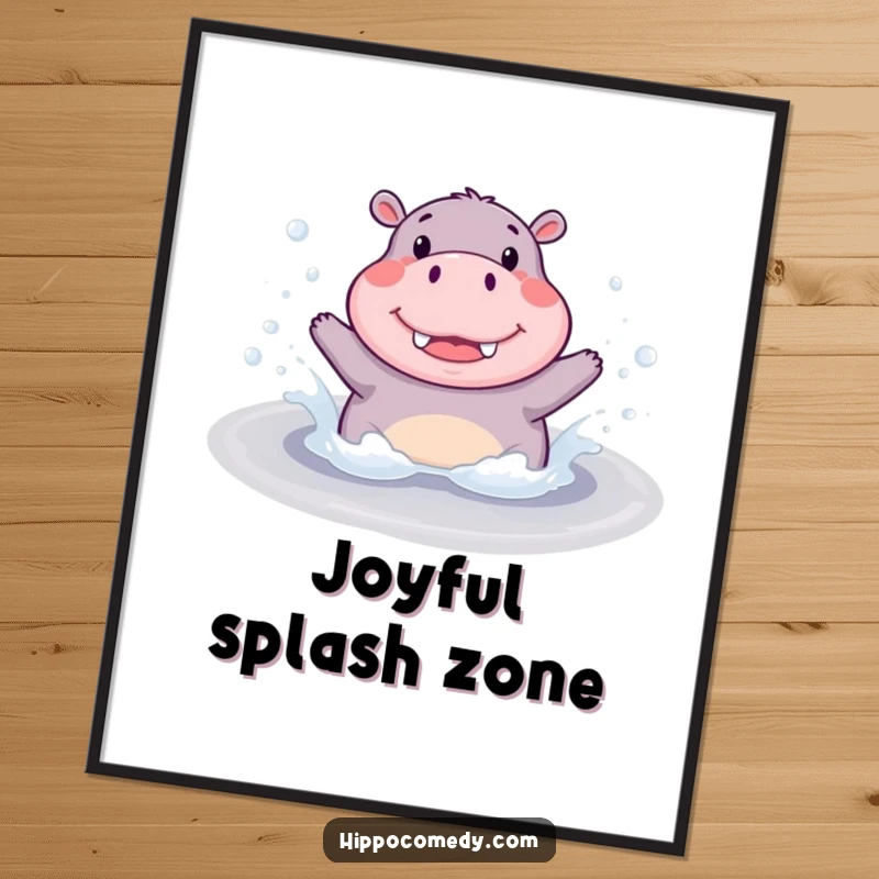 Funny Poster: A cute hippopotamus joyfully splashing in a bubbly puddle, bringing a scene of pure, uninhibited fun.